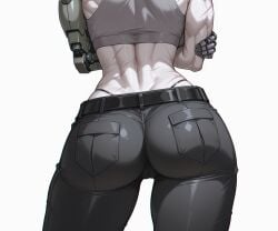 uersor akira_(uersor) tomboy tomboyish tomboy_milf milf ai_generated ai ai_art japanese japanese_female ai-created deviantart_link female female_only female_focus mature_female large_breasts big_breasts breasts wide_hips hips thick_thighs thighs thin_waist curvy curvy_figure curvy_female curvy_body muscular muscular_female shiny_skin white_skin light_skin light-skinned_female pale_skin pale-skinned_female highres high_resolution high_quality simple_background white_background faceless_character faceless_female scar scars scar_on_arm scars_on_arm scar_on_back sideboob pants black_pants belt black_belt sports_bra grey_sports_bra thong black_thong prothesis mechanical_arm single_mechanical_arm from_behind hands_on_hips crossed_arms big_ass ass ass_focus large_ass standing contrapposto 1girls 1girl