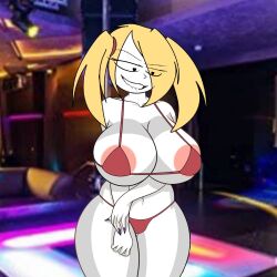 1girls aerolae belly belly_button big_breasts black_eyes blurry_(oc) breasts chloe_smith_(oc) club curvy curvy_body curvy_female female female_focus female_only heart heart-shaped_pupils heart_eyes heart_symbol imminent_sex large_breasts legs light-skinned_female light_skin looking_at_viewer oc orange_hair original_character party room smile smiling striped_body stripes white_body white_skin