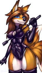 1futa 2019 5_fingers absurd_res anthro black_nose blue_eyes breasts brown_hair canid canine dickgirl fox fur furry furry_only futanari hair hi_res intersex mammal oksara penis rubber simple_background smile solo standing white_background