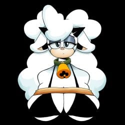 animal_ears annoyed_expression anthro bell black_background blush breasts clothing collar comics eyebrows female frown fur glasses half-closed_eyes highres humanoid idw_sonic lanolin_(sonic) lanolin_the_sheep large_breasts large_thighs looking_at_viewer mammal melonmiloc ovine sega sheep simple_background solo thick_thighs white_fur white_hair wool yellow_bell
