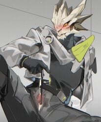 antal_(arknights) anthro arknights:_endfield blush clothed cum cumming male male_only object_insertion penis_peek relax_lion scalie slit slit_play solo solo_anthro solo_male