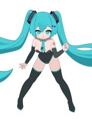 aqua_eyes aqua_hair aqua_nails aqua_necktie black_arm_warmers black_socks black_thighhighs female hatsune_miku high_heels highres hochihochiha leotard looking_at_viewer simple_background solo thighhighs twintails white_background