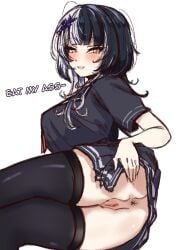 1girls alternate_version_at_source alternate_version_available anus black_hair blush bottomless censored english_text feet_out_of_frame female female_only hair_ornament hololive hololive_english hololive_english_-advent- long_hair looking_at_viewer mosaic_censoring multicolored_hair penguin_stamp pussy reclining sailor_collar school_uniform shiori_novella skirt skirt_lift spread_ass spreading spreading_ass text thighhighs virtual_youtuber white_hair yellow_eyes