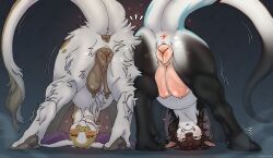 animal_genitalia animal_vulva anus black_body black_claws black_fur black_scales bovid brown_anus brown_vulva canine_genitalia canine_vulva caprine claws dragon duo felkin female female/female feral fur furred_dragon furred_scalie genitals goat hi_res hybrid mammal mythological_creature mythological_scalie mythology nipples pink_anus pink_teats pink_vulva presenting presenting_anus presenting_vulva scales scalie teats thyme_(mustard) viurrr vulva