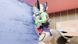 4_ears absurd_res against_surface anthro baito bathroom closed_eyes duo fennix genitals hi_res kin_(baito) knot knotted_penis male male/male multi_ear penis public public_restroom public_sex risnor sex size_difference standing standing_sex