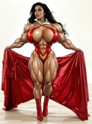 abdominals abigail_ratchford ai_generated biceps big_breasts big_muscles boots breasts cape collar dark_hair huge_boobs huge_breasts huge_muscles hyper_boobs hyper_breasts hyper_muscles large_boobs large_breasts large_muscles latex latex_clothing muscles muscular muscular_female skin_tight skintight sling_bikini vampirella vampirella_(cosplay) white_collar