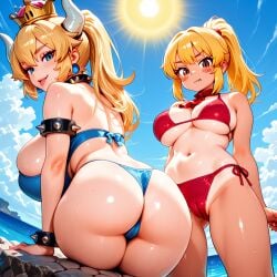 ai_generated ass beach blonde_female blonde_hair blue_bikini blue_earrings blue_eyes blush blush_stickers bowsette brown_eyes cameltoe clouds crown daytime goombella horns huge_breasts large_breasts mario_(series) nintendo ocean paper_mario paper_mario:_the_thousand-year_door ponytail red_ascot red_bikini round_ass slim_waist spiked_armlet spiked_collar sun sunlight tanline thick_ass thick_thighs thong tongue tongue_out white_skin