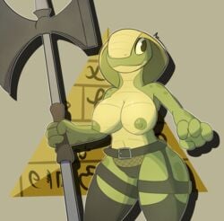 4_fingers anthro azlech belt breasts camel_toe clothing female halberd legwear lingerie melee_weapon nipples polearm reptile scalie simple_background smile snake snake_hood solo standing stockings weapon