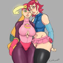 2girls bare_shoulders big_breasts blonde_hair blush breasts detached_sleeves green_eyes helmet jumbogumbo mayl_sakurai medium_breasts mega_man mega_man_battle_network multiple_girls pink_eyes pink_hair robot robot_girl rockman rockman_exe roll.exe sakurai_meiru skirt stockings thick_thighs thighhighs thighs yuri