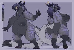 4_toes 5_fingers anthro ass belly big_butt black_eyebrows black_horn black_pawpads border breasts claws digit_ring dipstick_tail ear_piercing eyebrow_piercing eyebrows facial_piercing feet felid feline feline_demon female finger_ring fingers fur genitals grey_background grey_body grey_border grey_fur grey_nipples hand_on_breast hi_res horn innie_vulva jewelry lip_piercing mammal markings multicolored_body multicolored_fur navel nipple_piercing nipples nose_piercing overweight overweight_female pawpads piercing pink_tongue purple_claws ring shaded sharp_teeth simple_background solo standing stripes tail tail_markings teeth thatfat_cat toe_ring toes tongue vulva yellow_eyes