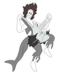 anthro black_bottomwear black_clothing black_pants bottomwear brown_hair changed_(video_game) clothing duo female fish forced forced_transformation gender_transformation genitals goo_transformation grey_body hair heart_symbol human latex latex_transformation lin_(changed) male male/female mammal marine mtf_transformation nude pants penis shark sinful_drawz the_shark_(changed) tiger_shark_(changed) transformation white_body