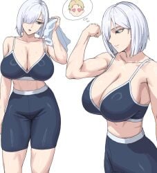 abdomen bangs_over_one_eye bicep bicep_curl big_breasts big_thighs blue_eyes bob_cut busty busty_female cleavage cleavage_overflow female female_focus female_only fiona_frost fit fit_female flexing_bicep gym gym_clothes huge_breasts ksksksa lean_muscle loid_forger midriff oppai pale-skinned_female short_hair solo solo_female solo_focus spy_x_family thick_thighs thought_bubble towel towel_on_shoulder white_hair wide_hips wide_thighs working_out