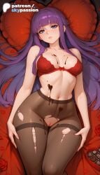 1girls 2026 ai_assisted ai_generated anime artist_name bangs bed bed_sheet black_flower black_rose blue_rose blunt_bangs bouquet bra breasts bust chocolate condom condom_wrapper explicit eyebrows_visible_through_hair fern_(sousou_no_frieren) flower frieren_beyond_journey's_end frilled_pillow frills hat hi_res high_quality high_resolution highres laying_down long_hair looking_at_viewer lying lying_on_back navel on_back on_bed pantyhose patreon patreon_username petals pillow pink_rose purple_hair purple_rose red_flower red_rose rose rose_petals skypassion smile solo sousou_no_frieren stable_diffusion torn_clothes torn_legwear underwear valentine's_day watermark white_rose