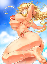 1girls armpits ass barefoot big_breasts bikini blonde_hair blue_eyes breasts bursting_breasts clothing feet female huge_breasts human long_hair looking_at_viewer original skimpy sky smile soles solo solo_female string_bikini striped_bikini tabigarasu_(mahjong_yuugen_gaisha_58) thick_thighs toes wet wink