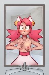 1girls animatronic animatronic_female bathroom blush cat_ears catgirl gender_euphoria green_eyes mad_mew_mew mirror mirror_reflection opalcat01 pink_ears pink_hair robot robot_girl robot_joints small_breasts solo topless touching_breast trans_woman transfem undertale white_skirt