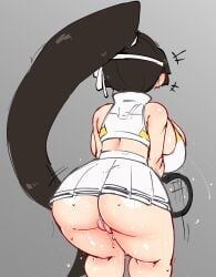 1girls ass_hanging_out ass_hanging_out_of_skirt back backboob between_labia breasts brown_hair cameltoe crop_top dialogue female huge_ass huge_breasts jellot lactation lactation_without_expressing last_origin long_hair miniskirt pale-skinned_female pale_skin ponytail puffy_pussy pussy_juice short_skirt skirt_too_short smile string_panties sweat tennis_racket tennis_uniform thick_thighs thong tiequan_(last_origin) tiequan_(tennis_clothes)_(last_origin) visor_cap wet_pussy