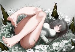 absurdres arknights arknights:_endfield ass ass_visible_through_thighs barefoot black_eyes black_hair blush breasts closed_mouth endministrator_(arknights) feet female female_endministrator_(arknights) field flower flower_field foot_focus full_body hair_ornament highres holding large_breasts legs long_sleeves looking_at_viewer lying mumi-daohu mumi_daohu no_shoes on_back short_hair sitting smile soles solo spread_toes thick_thighs thighs toes underwear white_flower