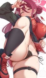 1girls bikini black_jacket black_panties black_socks blue_archive blush breasts china_dress chinese_clothes curvy dress female_pubic_hair hair_between_eyes hair_bun halo huge_breasts jacket large_breasts leg_up long_hair long_sleeves looking_at_viewer mole mole_on_thigh mole_under_eye narrow_waist panties pantyshot pelvic_curtain plump print_dress pubic_hair puffy_long_sleeves puffy_sleeves red_dress red_eyes red_halo red_shoes reijo_(blue_archive) shoes side-tie_bikini_bottom simple_background single_hair_bun single_side_bun skindentation socks solo standing standing_on_one_leg stretching swimsuit thick_thighs thigh_strap thighs thong underwear v-shaped_eyebrows white_background wide_hips yasojima_nejiro