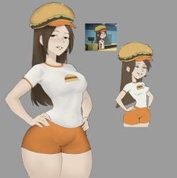 1girls black_eyes breasts brown_hair burger burgerphile cheese covered_navel cowboy_shot cropped_legs dan_vs. employee_uniform food food-themed_clothes freckles grey_background half-closed_eyes hands_on_own_hips hat headset hortence long_hair looking_at_viewer medium_breasts meruzis multiple_views no_legwear orange_shorts parted_lips personification photo_inset reference_image shirt short_shorts short_sleeves simple_background smile smug solo t-shirt taut_clothes thick_thighs thighs tight_clothes tight_shirt white_shirt wide_hips