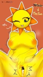 1girls after_sex areolae black_eyes breasts censor_bar censored censored_pussy completely_nude_female cum_drip cum_in_pussy genderswap_(mtf) hearts_in_eyes incredibox_mod looking_down movement_lines mr._sun_(sprunki) mr.sun_(sprunki) one_eye_closed pussy rule_63 simple_background spread_legs sprunki tongue_out yellow_body