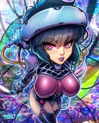 1girls black_hair cyborg cyborg_girl ghost_in_the_shell glitch gloves headset kusanagi_motoko lipstick purple_lipstick reiq shirow_masamune thighhighs thighs wire wires