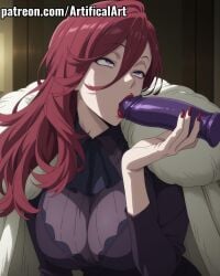 1girls ai_generated big_breasts blush clothed_sex coat dildo dildo_in_mouth earrings female fur_cape fur_coat fur_collar hair_between_eyes inari_yoko jewelry kemono_jihen kitsune light-skinned_female light_skin lipstick makeup mature_female milf nail_polish perfect_body purple_eyes red_hair red_lipstick red_nail_polish rolling_eyes saliva saliva_on_dildo sex_toy solo sucking sucking_dildo uncensored very_long_hair watermark youkai