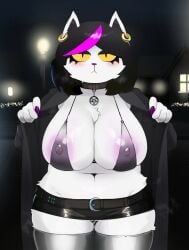 bra breasts catti_(deltarune) deltarune emo feline flushed goth hi_res legs mdthetest night shorts
