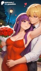 1boy 1girls 2026 ai_assisted ai_generated anime artist_name blonde_hair bouquet breasts bust cleavage dress explicit fern_(sousou_no_frieren) flower formal frieren_beyond_journey's_end green_eyes hi_res high_quality high_resolution highres holding_bouquet holding_flower night night_sky orange_flower patreon patreon_username pink_flower pink_rose purple_eyes purple_hair red_flower red_rose rose rose_petals sky skypassion sousou_no_frieren stable_diffusion thorns tulip valentine's_day vase watermark white_rose