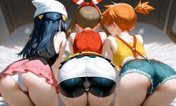 3girls ai_generated all_fours ass ass_comparison ass_focus asymmetrical_hair back bare_shoulders beanie bed blue_hair blue_shorts blush bow_hairband breasts brown_hair cameltoe clothing cutoffs dawn_(pokemon) denim denim_shorts ear_blush facing_away fanny_pack female from_behind green_shorts group hair_ornament hair_ribbon hairband hat headwear indoors kasumi_(pokemon) long_hair may_(pokemon) miniskirt multiple_girls on_bed orange_hair pantsu pantylines pink_skirt pokemon ponytail red_hairband ribbon shirt short_hair short_shorts shorts side-by-side side_ponytail skirt sleeveless sleeveless_shirt spats spats_under_clothes spats_under_shorts suspender_shorts suspenders take_your_pick tank_top thighs tied_hair underwear white_headwear white_panties white_skirt white_underwear yellow_shirt yellow_tank_top