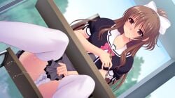 blush bow brown_eyes brown_hair chair desk dutch_angle embarrassed female game_cg hairbow indoors kourin_tenshi_en_ciel_rena large_variant_set long_hair mechanical_pencil non-web_source official_art panties pantyshot peeing peeing_self pen pencil pink_bow pleated_skirt ponytail saitou_natsuki school_uniform short_sleeves sitting skirt skirt_tug solo suhamaya table thighhighs tomoe_rena underwear upskirt urine variant_set wet wet_clothes wet_panties white_bow white_panties white_thighhighs window