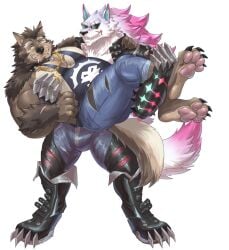 2026 alpha_channel anthro arm_tuft armor bara barazoku beard biceps black_bottomwear black_clothing black_collar blue_bottomwear blue_clothing blue_eyes blue_inner_ear blue_jeans blue_pants blue_shirt blue_tank_top blue_topwear bottomwear brown_body brown_fur brown_hair bruno_(rossciaco) bulge canid canine canis chaps clothing collar denim denim_bottomwear denim_clothing digitigrade dislyte duo ear_piercing ear_ring eye_scar eyewear facial_hair facial_scar fangs freddy_(dislyte) fur furry gauntlets gloves grin hair handwear highlights_(coloring) jacket jeans leather leather_chaps leather_clothing leather_jacket leather_topwear lifting_partner lilith_games lip_scar male male/male mammal muscular muscular_anthro muscular_male mythological_canine mythological_creature mythology nipples pants pawpads pecs piercing pink_highlights ring_piercing scar shirt smile spiked_collar spikes sunglasses tail tan_body tan_fur tank_top teeth topwear tuft tusks underpaw weedwolf werecanid werecanine werecreature werewolf white_body white_fur wolf yellow_eyes