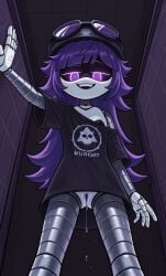 1girls ai_generated bottomless exposed_pussy female_only horny looking_at_viewer looking_down murder_drones nori_(murder_drones) purple_eyes purple_hair pussy pussy_juice pussy_juice_drip robot robot_girl tagme