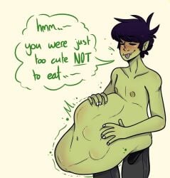 dialogue gorillaz green_skin male_pred murdoc_niccals struggling_prey unknown_artist vore vore_belly