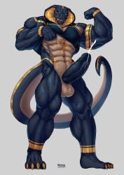 abs anthro balls bara biceps big_balls big_muscles big_penis black_body black_penis black_scales blue_eyes blue_sclera blush bodily_fluids boner cobra cum erection flexing flexing_bicep genital_fluids genitals gold_markings gold_scales gold_teeth golden_claws golden_markings golden_scales golden_teeth hard_on hi_res huge_balls huge_cock lifting_shirt locker_room male male_only mixterart muscular muscular_anthro muscular_male nude pecs penis plain_background precum reptile scalie smiling snake solo solo_male tan_scales vein veiny_muscles veiny_penis vertical_slit_pupils zel_(sibunakebos)