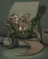alcohol anthro armpit_hair armpit_tuft ball_tuft beer beverage beverage_can bodily_fluids body_hair boots bulge camo camo_clothing camo_print canid canine canis chest_hair clothing combat_boots crotch_tuft domestic_dog drunk floppy_ears fluffy fluffy_chest footwear genital_fluids genitals hi_res iziks iziks_(character) male mammal pattern_clothing penis precum pubes shoes solo spread_legs spreading substance_intoxication tuft