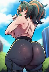 ai_generated ass_focus ass_sweat back_view behind_view big_ass big_breasts big_butt big_nipples bubble_butt butt_markings female looking_at_viewer solo sucking sucking_lollipop sweat thick_thighs tight_pants wqzyart zenless_zone_zero zhu_yuan