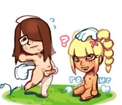 1boy 1girl 2026 brown_hair crystal_(mii) crystal_(tomodachi_life:_living_the_dream) flat_chest glasses looking_up mii nervous_expression nervous_face nintendo nintendo_switch penis question_mark riverdyxxx riveren simple_background sketch sweat tomodachi_life tomodachi_life:_living_the_dream wii_cursor yellow_hair