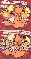 2_panel_comic 3_toes absurd_res balls begging begging_to_stop blush blush_lines bodily_fluids citron_(tuvandalist) comic cum cumming_from_tickling dialogue ejaculation electrostimulation feathers feet foot_fetish foot_focus fur generation_1_pokemon generation_9_pokemon genital_fluids genitals green_eyes hi_res laugh male mega_evolution mega_raichu mega_raichu_y nintendo orange_body orange_fur paws penis pokemon pokemon_(species) raichu soles solo sweat sweatdrop throbbing throbbing_balls ticklegasm tickling tickling_feet tickling_genitalia tickling_paws tickling_penis ticklish_male toes tuvandalist vein veiny_balls watermark