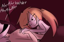 1boy 1girls aerolae after_anal after_fellatio after_masturbation after_oral after_orgasm after_sex after_vaginal bed blurry_(oc) breasts chloe_smith_(oc) female female_focus female_only moaning oc orange_hair original_character original_characters pillow scar scratches scratching sheet sheets smile smiling