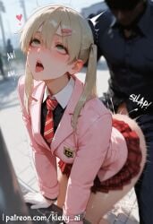 1boy 1girls ai_generated bangs bare_shoulders blonde_hair blue_eyes breasts cameltoe cleavage collarbone doggy_style female female_on_cloth green_eyes klexyai large_breasts long_hair looking_at_viewer looking_back maka_albarn male medium_breasts nai_diffusion navel open_mouth outdoors parted_lips penis penis_in_pussy pussy skindentation smile soul_eater stable_diffusion twintails