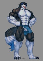 anthro big_balls big_penis black_claws black_fur black_nipples blue_eyes blue_fur blue_jockstrap blue_underwear bulge bushy_tail canine digitigrade furry furry_male furry_only hands_on_hips huge_balls huge_cock jockstrap jockstrap_only male_only mixterart multicolored_fur muscular muscular_anthro muscular_male precum precum_drip red_glans semi-erect solo solo_male stretched_clothing stretched_underwear tongue_out underwear veiny_muscles veiny_penis white_fur