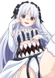 1girls :d absurdres bare_shoulders black_bow black_eyes black_shirt blunt_bangs bow braid breasts cleavage collar colored_inner_hair commentary_request detached_sleeves extra_mouth fate/strange_fake fate_(series) francesca_prelati_(fate) frilled_collar frills garter_straps hairbow highres long_hair looking_at_viewer medium_breasts multicolored_hair multiple_hair_bows nao_suke open_mouth panties ringed_eyes saliva sharp_teeth shirt showgirl_skirt sidelocks signature simple_background sitting skirt smile solo stomach_mouth strapless strapless_shirt striped_clothes striped_shirt suspenders teeth underwear upper_teeth_only vertical-striped_clothes vertical-striped_shirt very_long_hair watermark white_background white_hair white_panties white_shirt white_skirt white_sleeves