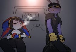 awkward bunny bunny_ears caught cigarette cigarette_in_mouth cleavage digital_creature door fast_food_uniform gloves jax_(tadc) jax_(the_amazing_digital_circus) jester_hat katfly larger_male pomni pomni_(tadc) pomni_(the_amazing_digital_circus) purple_body sign small_breasts smaller_female smoking taller_male the_amazing_digital_circus trash_bag unbuttoned_shirt white_body work_uniform