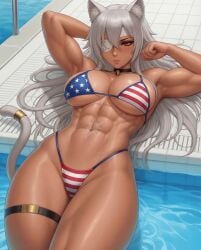 1female 1girls ai_generated american_flag_bikini animal_ears bikini eye_patch female female_focus female_only ghislaine_dedoldia grey_hair lying_down lying_on_back mushoku_tensei one_eye_covered pool poolside solo solo_female tagme tail