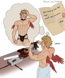 1boy abs bara blush collar endeavor_(my_hero_academia) enji_todoroki fetish_wear gay gay_male happy hawks_(my_hero_academia) imagining jockstrap jockstrap_only keigo_takami male male_only manly masculine masculine_male more_at_source muscular_male my_hero_academia note smile smiling solo_focus suyohara sweat tagme towel towel_around_waist towel_only valentine's_day wings yaoi
