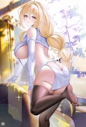 1girls absurdres alternate_costume ass azur_lane back bare_shoulders black_thighhighs blonde_hair blush breasts closed_mouth clothing_request detached_sleeves feet female female_only foot_out_of_frame from_behind gouden_leeuw_(azur_lane) hair_between_eyes highres large_breasts long_hair long_sleeves looking_at_viewer looking_back pointy_ears purple_eyes revealing_clothes skimpy_clothes skindentation soles solo tansuan_(ensj3875) thighhighs thighs underboob