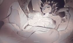 anthro bell bell_on_tail breasts dragon female frill_(anatomy) genitals head_crest head_frill head_spikes monochrome mythological_creature mythological_scalie mythology nipples non-mammal_breasts non-mammal_nipples presenting presenting_vulva scaled_breasts scales scalie sepia solo spikes spikes_(anatomy) strigiformes ventral_scales vulva wings y_shaped_pussy