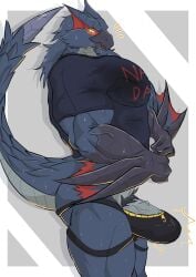 abs absurd_res anthro beak biceps black_body black_clothing black_fur black_jockstrap black_topwear black_underwear bodily_fluids body_hair bulge capcom clock clothing erection flying_wyvern fur genitals geryorias hi_res humanoid_genitalia humanoid_penis jockstrap male monster_hunter muscular muscular_anthro muscular_male nargacuga open_zipper penis pubes shirt simple_background solo standing sweat tail tenting topwear tphone underwear vein veiny_muscles veiny_penis wings yellow_eyes zipper