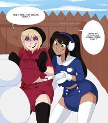 cloth_diaper detailed_background dialogue diaper duo english_text female fence hypnosis merunyaa prank snow snowball snowman wearing_diaper