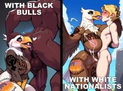 1girls 2boys ai_generated anilingus anthro blacked eagle furry furry_female hands-free heart human human_on_anthro interspecies small_penis small_penis_humiliation submissive_male tagme